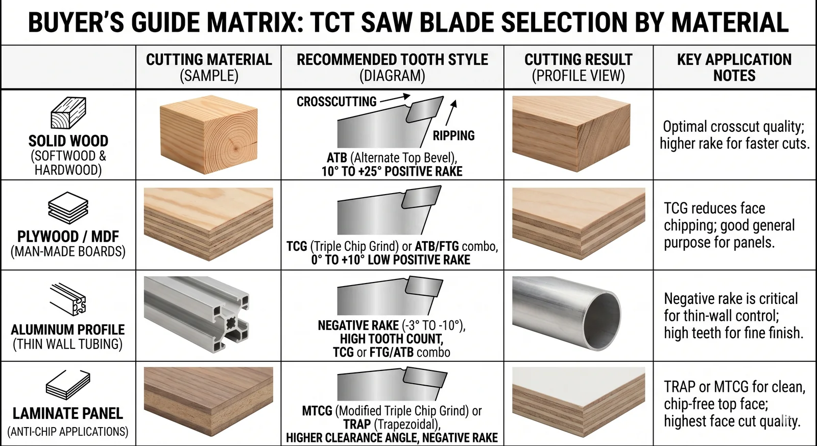 Buyer guide matrix for selecting TCT saw blade by material including solid wood plywood MDF aluminum profile and laminate panel