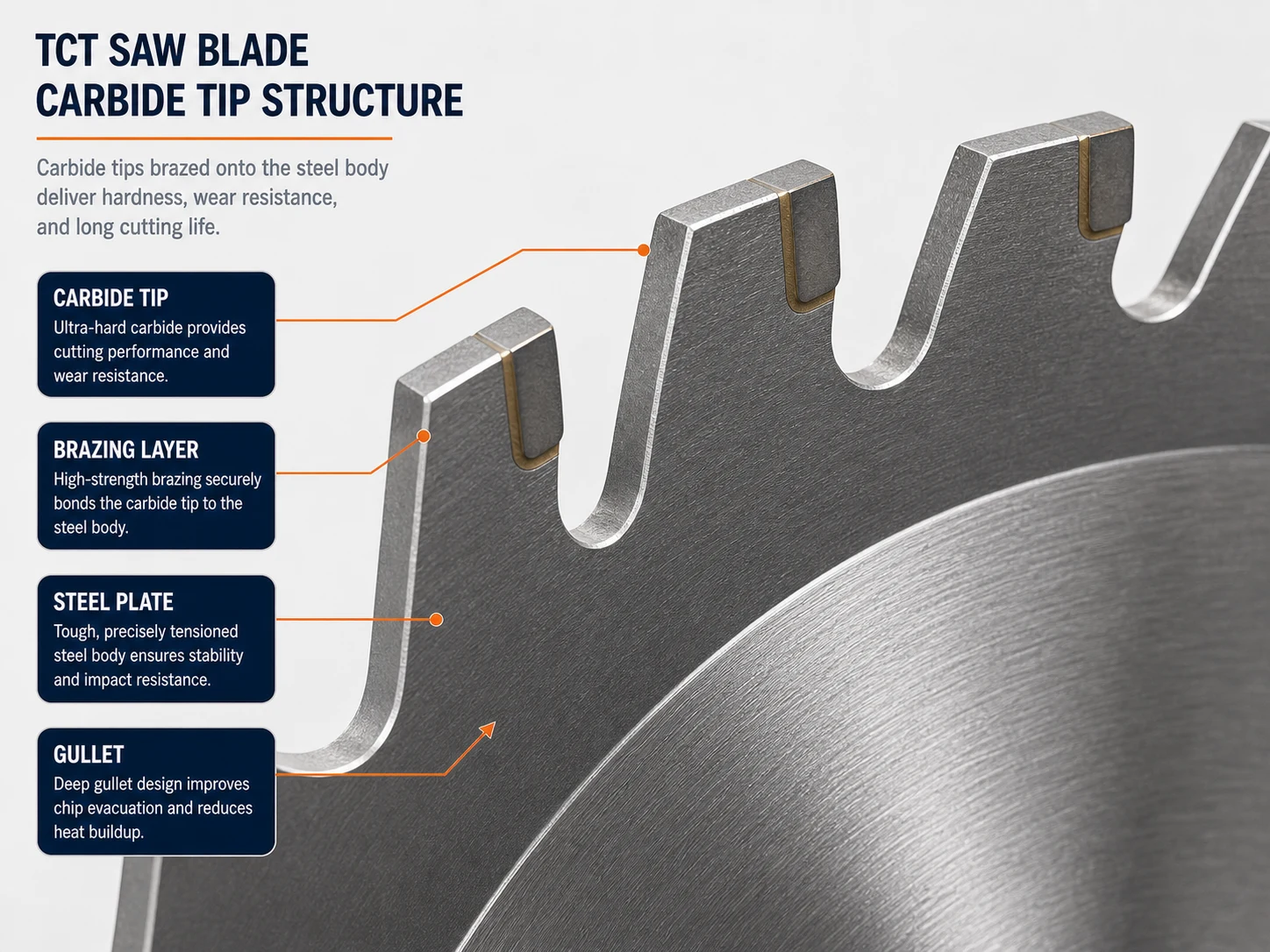 TCT saw blade carbide tip structure showing carbide tip steel plate brazing line and gullet