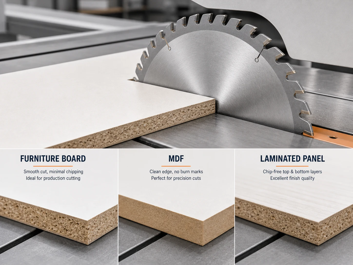 TCT saw blade cutting furniture board MDF and laminated panel with smooth cut edge