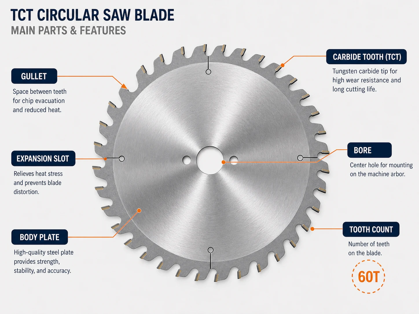TCT circular saw blade main parts diagram showing body plate carbide tooth gullet bore expansion slot and tooth count