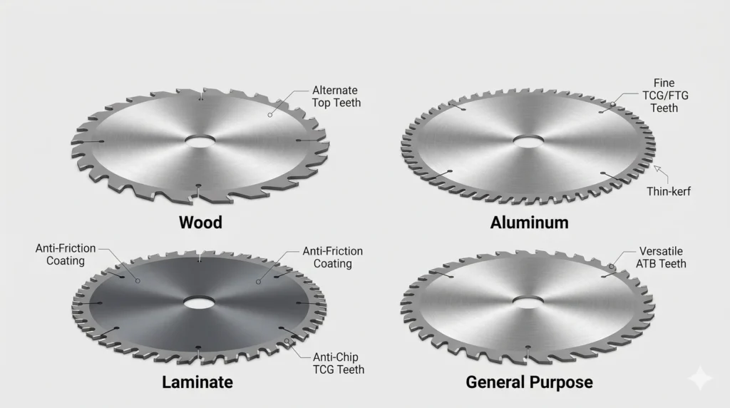 TCT circular saw blade selection guide showing blades for wood aluminum laminate and general purpose cutting