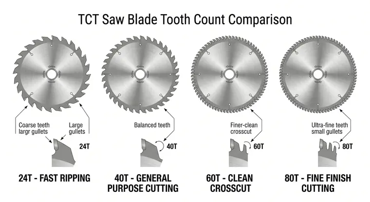 TCT saw blade tooth count guide showing 24T 40T 60T and 80T blades