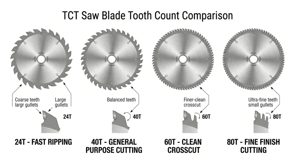 TCT saw blade tooth count comparison showing 24T 40T 60T and 80T for different cutting finishes