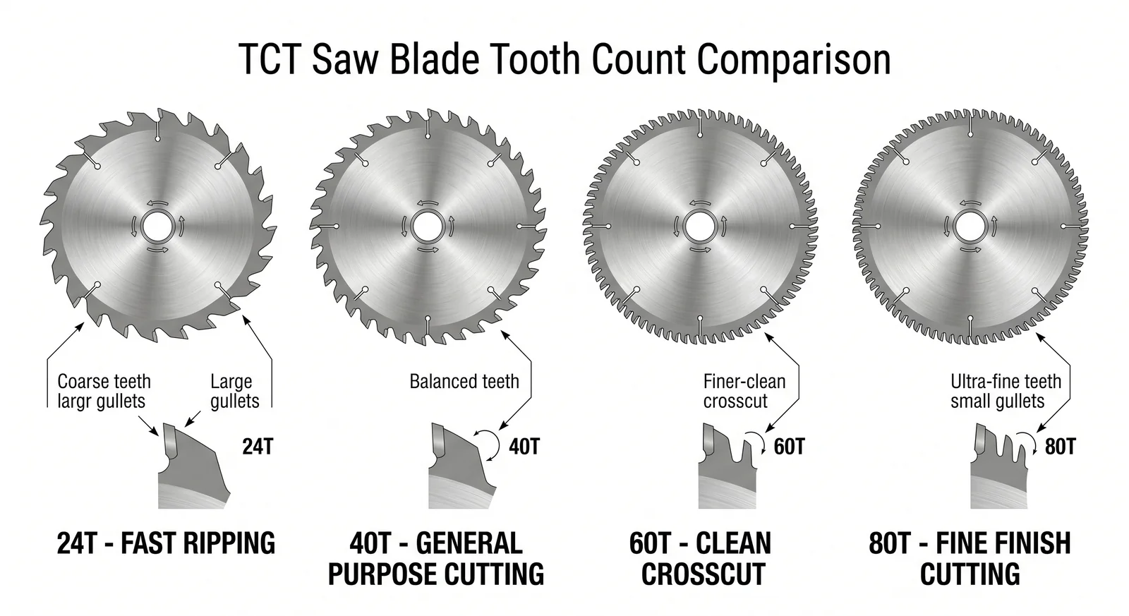 TCT saw blade tooth count comparison showing 24T 40T 60T and 80T for different cutting finishes
