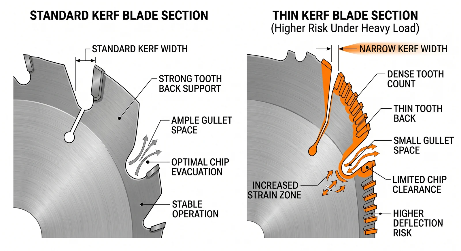Thin kerf saw blade section with dense tooth count showing narrow tooth back and small gullet space under heavy load