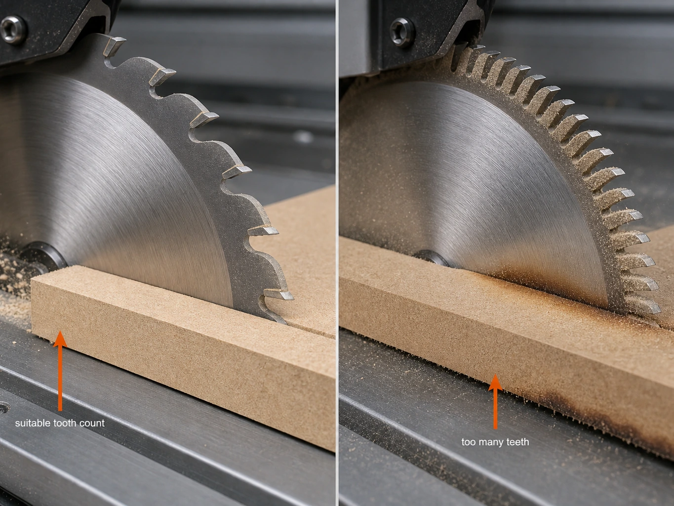 Comparison of suitable tooth count and too many teeth causing heat in saw blade cutting