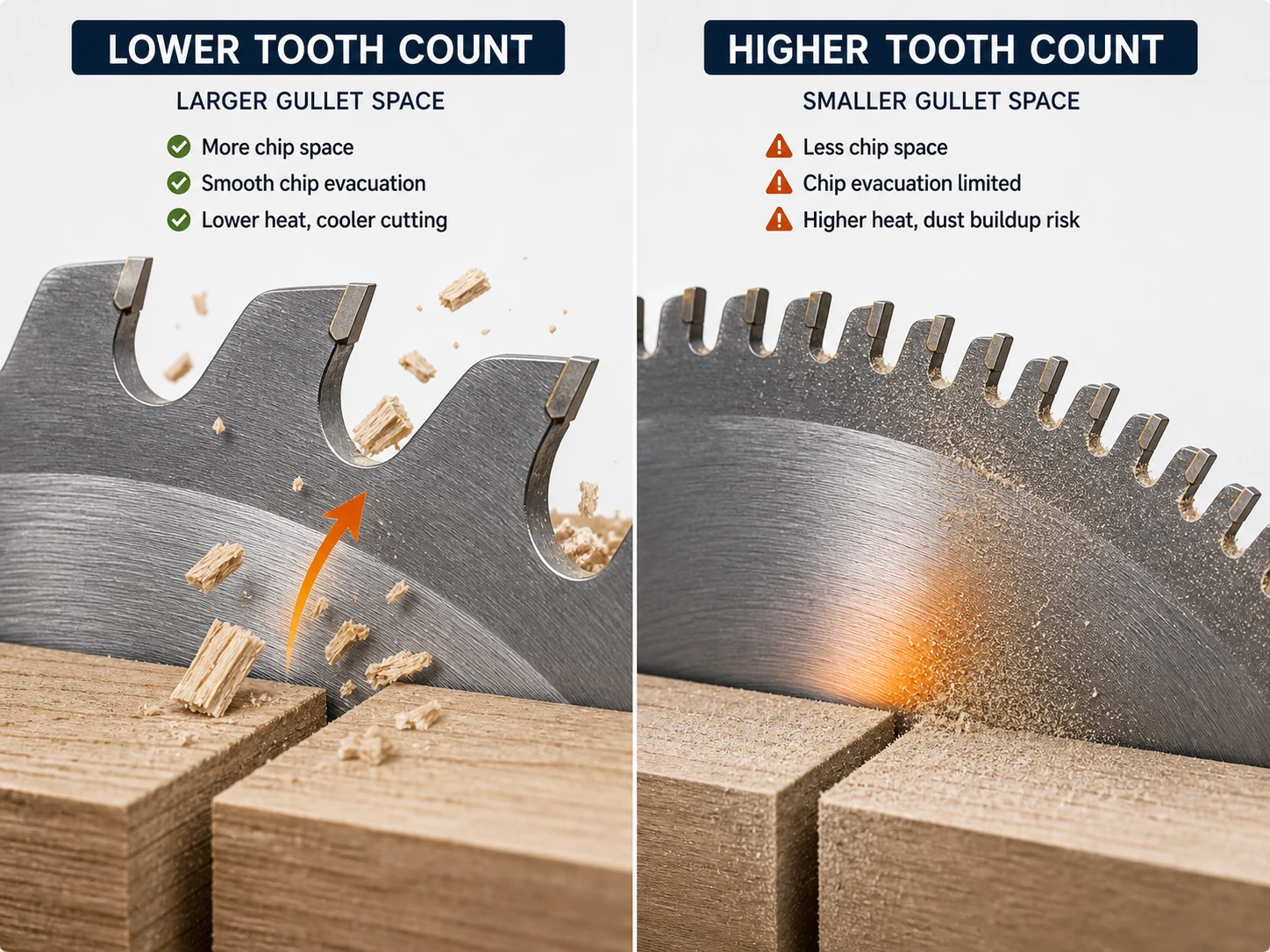 Lower tooth count and higher tooth count saw blade chip evacuation comparison