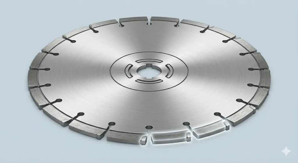 TCT circular saw blade close up showing carbide tips expansion slots and center bore