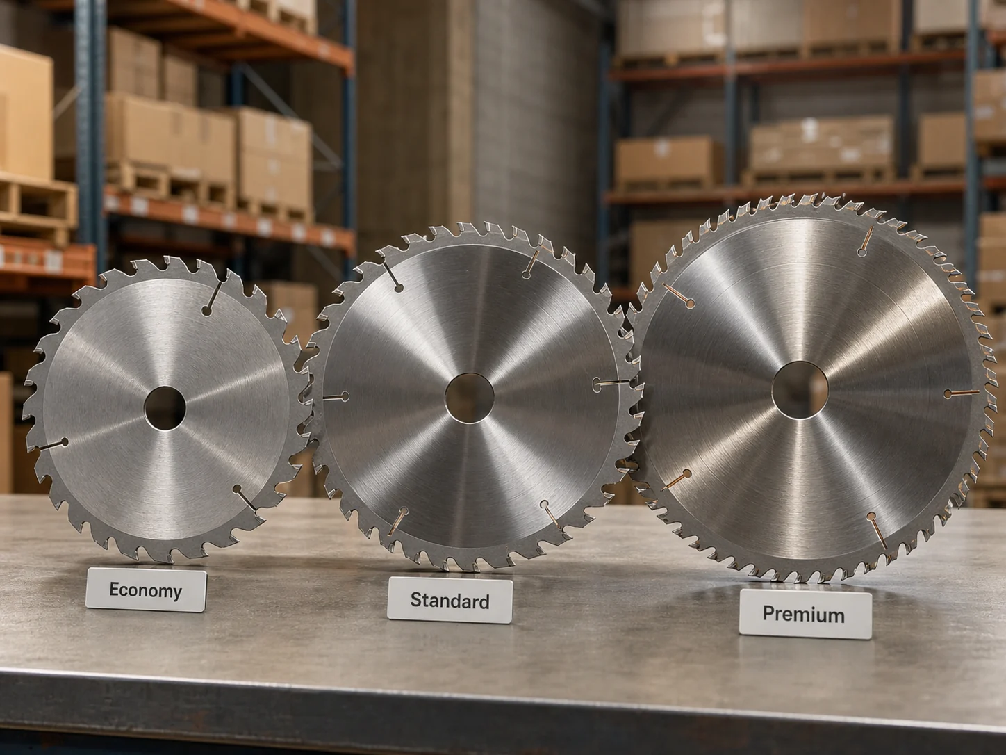 Economy standard and premium circular saw blades arranged for wholesale market selection