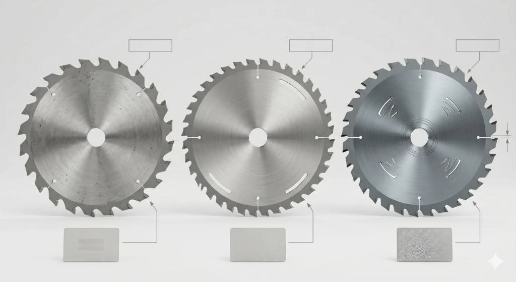 Comparison of economy standard and premium circular saw blades showing different quality levels