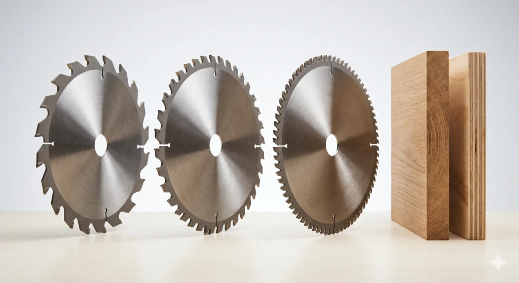 Wood cutting TCT saw blades with different tooth counts beside hardwood and plywood samples