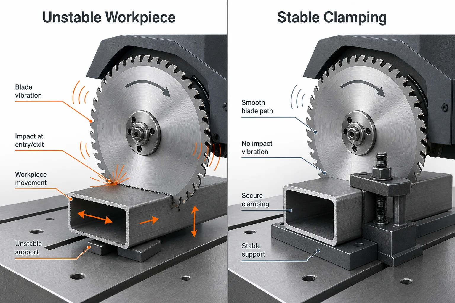 Comparison of unstable workpiece clamping and stable clamping showing saw blade vibration and smooth cutting path