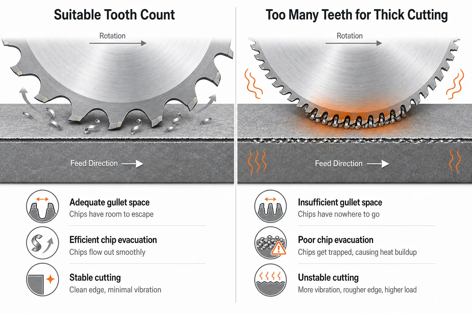Comparison showing suitable tooth count and too many teeth for thick cutting causing poor chip evacuation heat and vibration