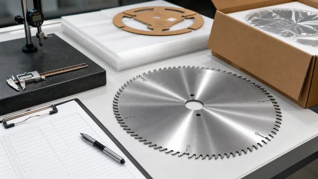 Custom saw blade pre-shipment inspection cover showing finished blade, caliper, checklist and export packaging materials