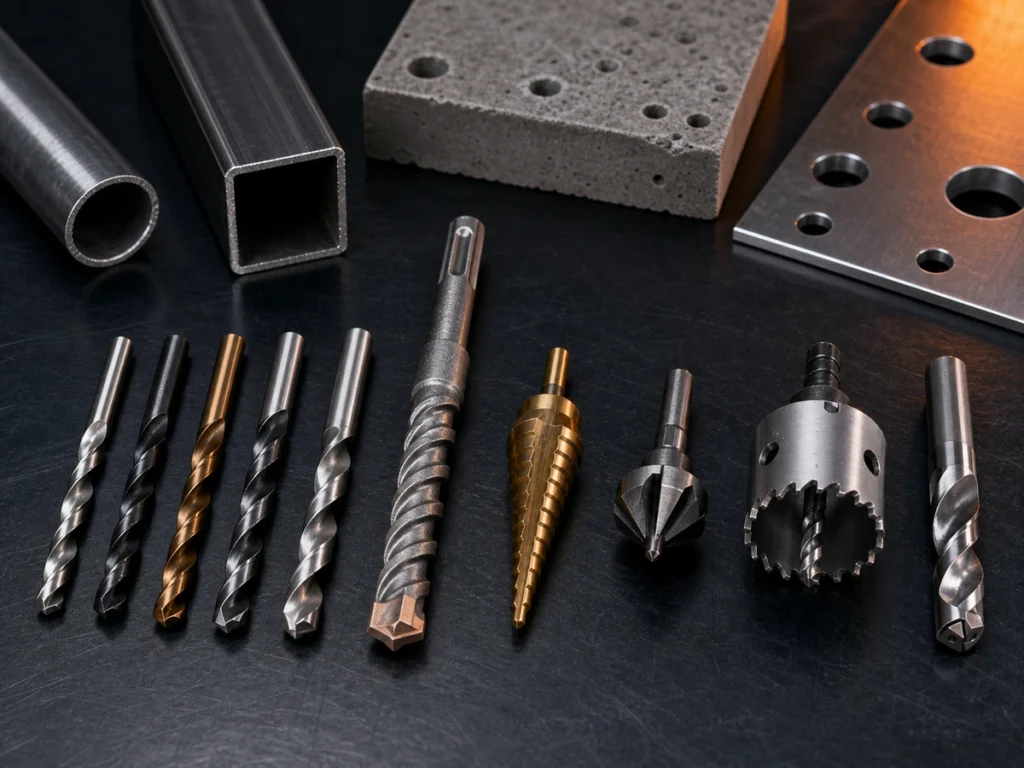 Different drill bit types twist SDS step countersink hole saw and carbide drill bits