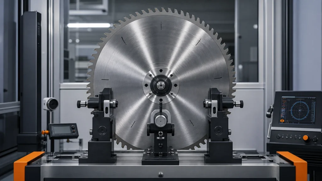 Dynamic balancing cover showing a large circular saw blade mounted on a precision balancing machine