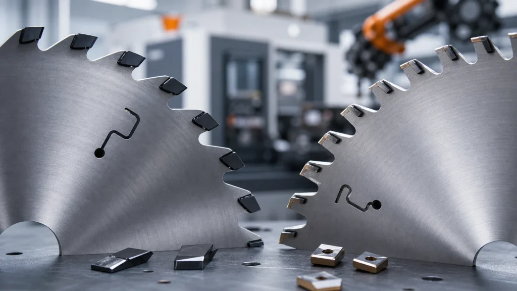 PCD versus TCT saw blade manufacturing cover showing two circular blade segments with diamond and carbide tips