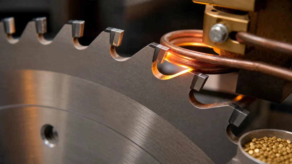 Carbide brazing quality cover showing carbide tips brazed onto circular saw blade tooth seats with controlled heating