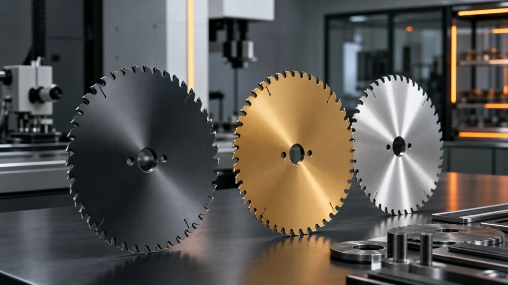 Saw blade coating options cover showing polished, dark coated and gold tinted circular saw blade samples