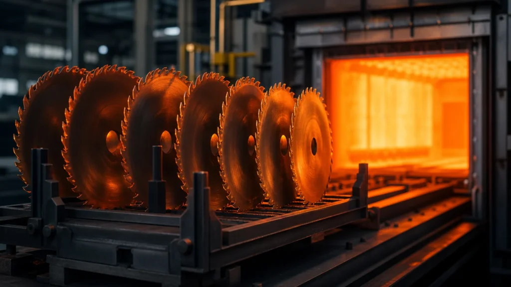 Saw blade heat treatment cover showing circular saw blade bodies near a controlled industrial furnace