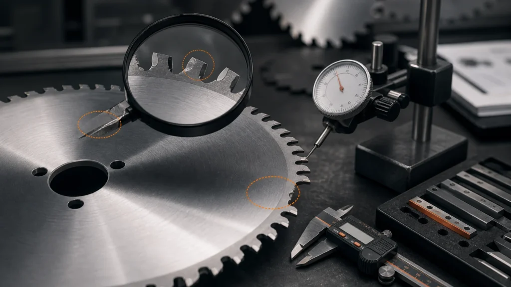 Saw blade manufacturing defects inspection cover showing blade segment under magnifier with caliper and runout indicator