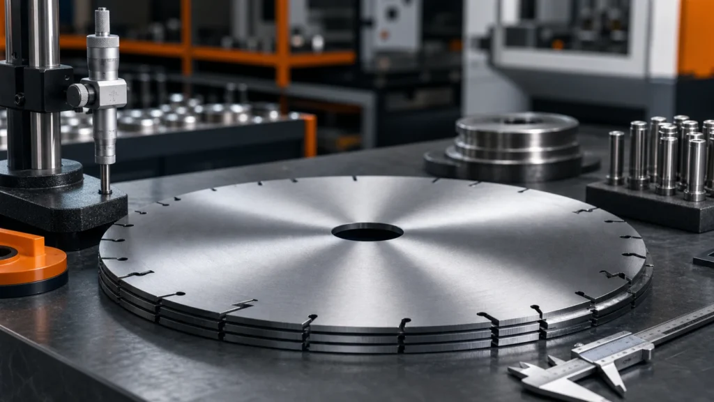 Industrial saw blade steel body quality cover showing circular blade body inspection with caliper and thickness measurement tools