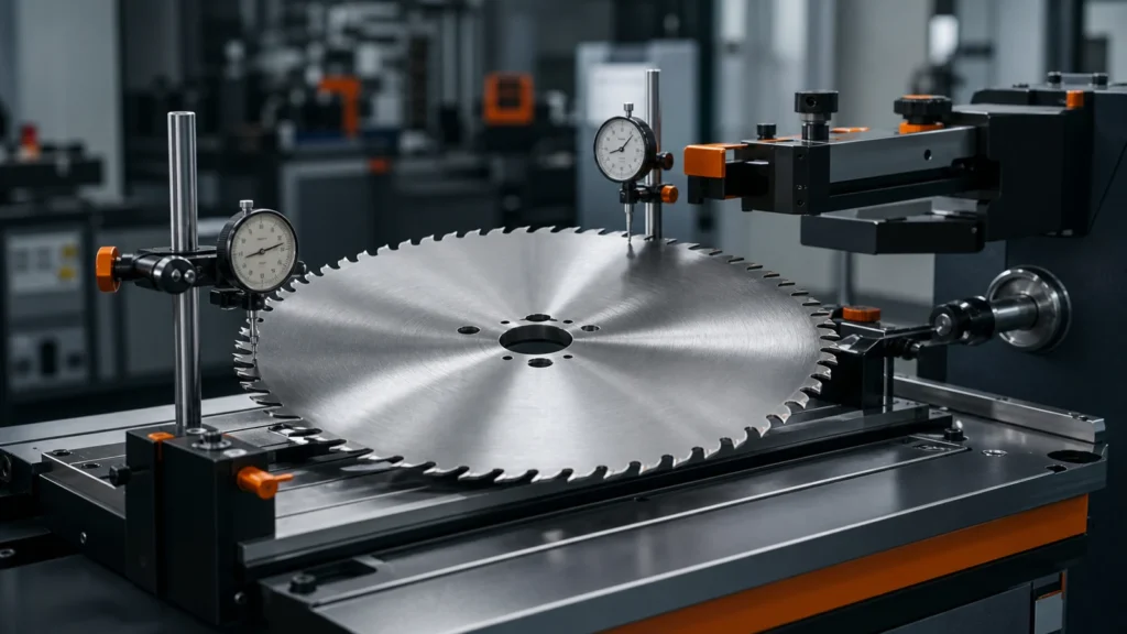 Saw blade tensioning and straightening cover showing blade body calibration with dial indicators and precision fixtures
