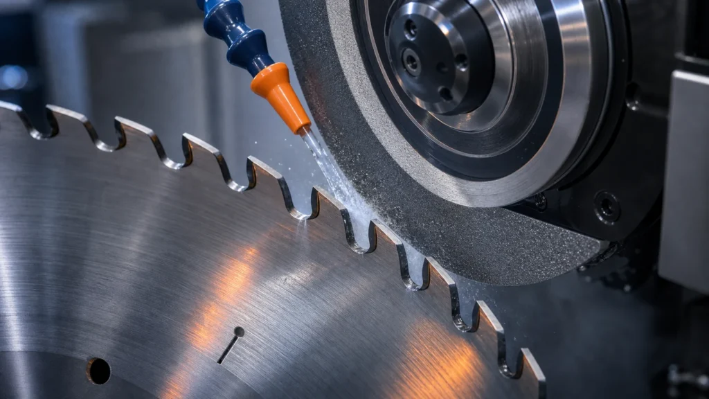 Saw blade tooth grinding process cover showing diamond grinding wheel shaping carbide saw blade teeth