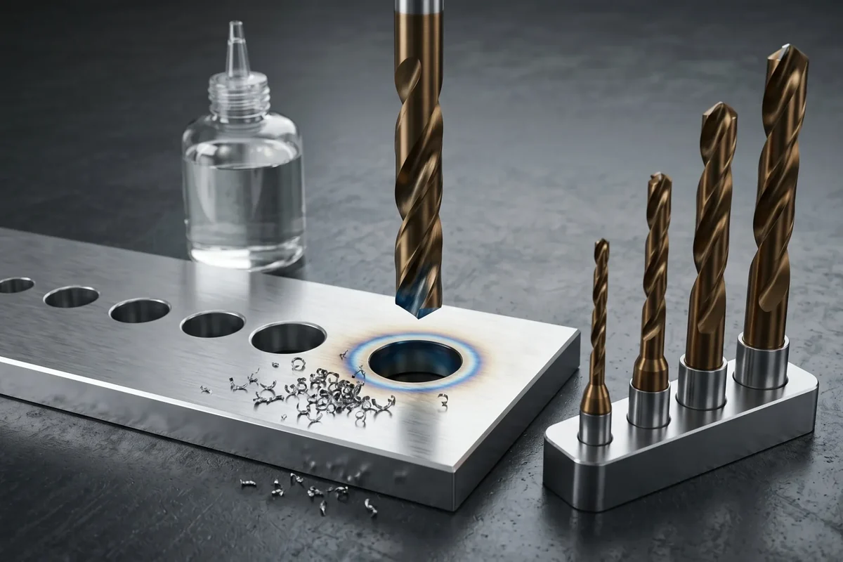 Stainless steel and metal drilling application with HSS cobalt drill bits cutting fluid and drilled holes