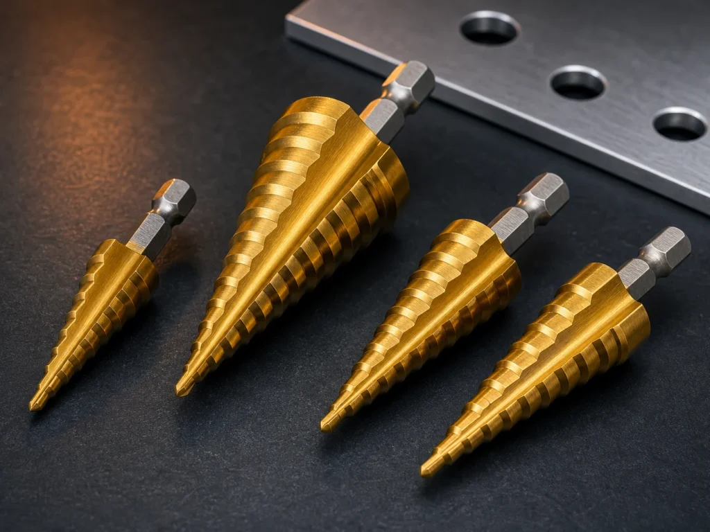 Gold step drill bits for sheet metal drilling on industrial workbench