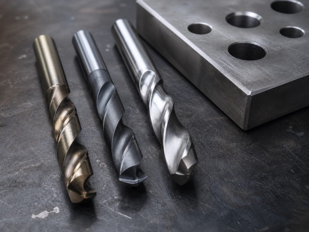 Cobalt and carbide twist drill bits beside a hardened steel plate with drilled holes