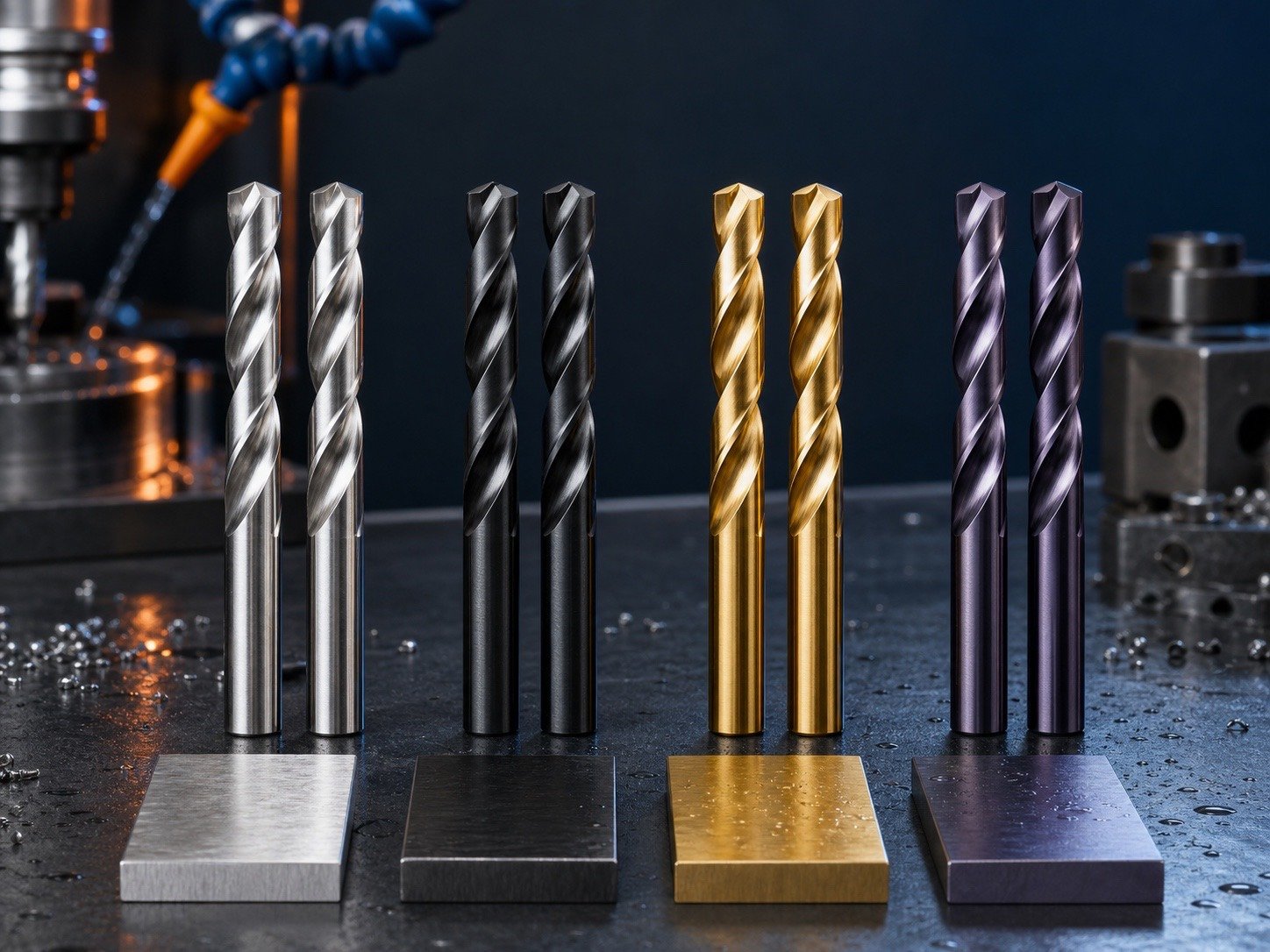 Bright, black oxide, TiN gold and TiAlN coated twist drills arranged on an industrial machining bench
