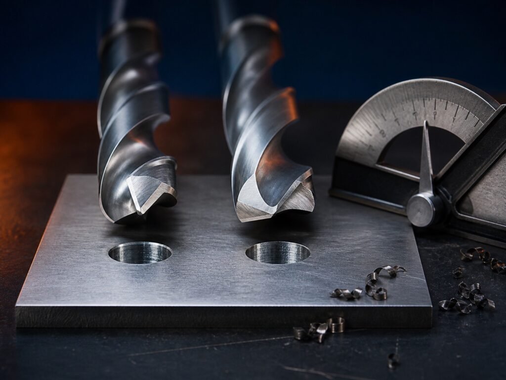 Two precision twist drill points showing different 118-degree and 135-degree geometries above a steel test plate