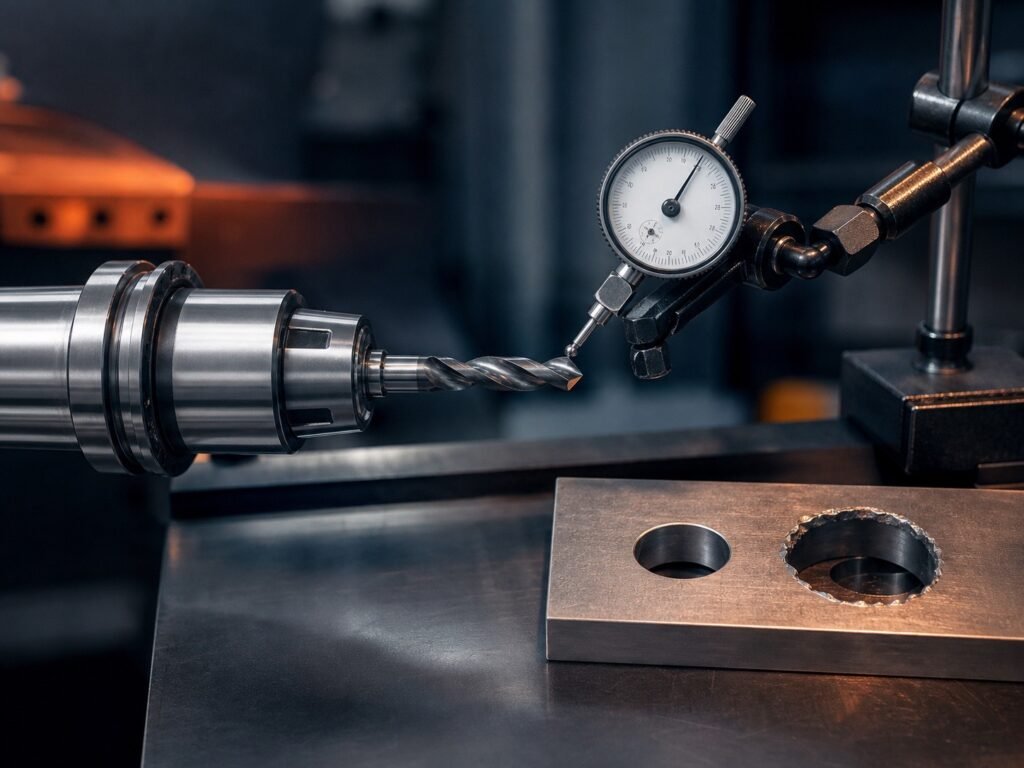 Dial test indicator measuring radial runout of a twist drill held in a precision collet beside a steel test plate