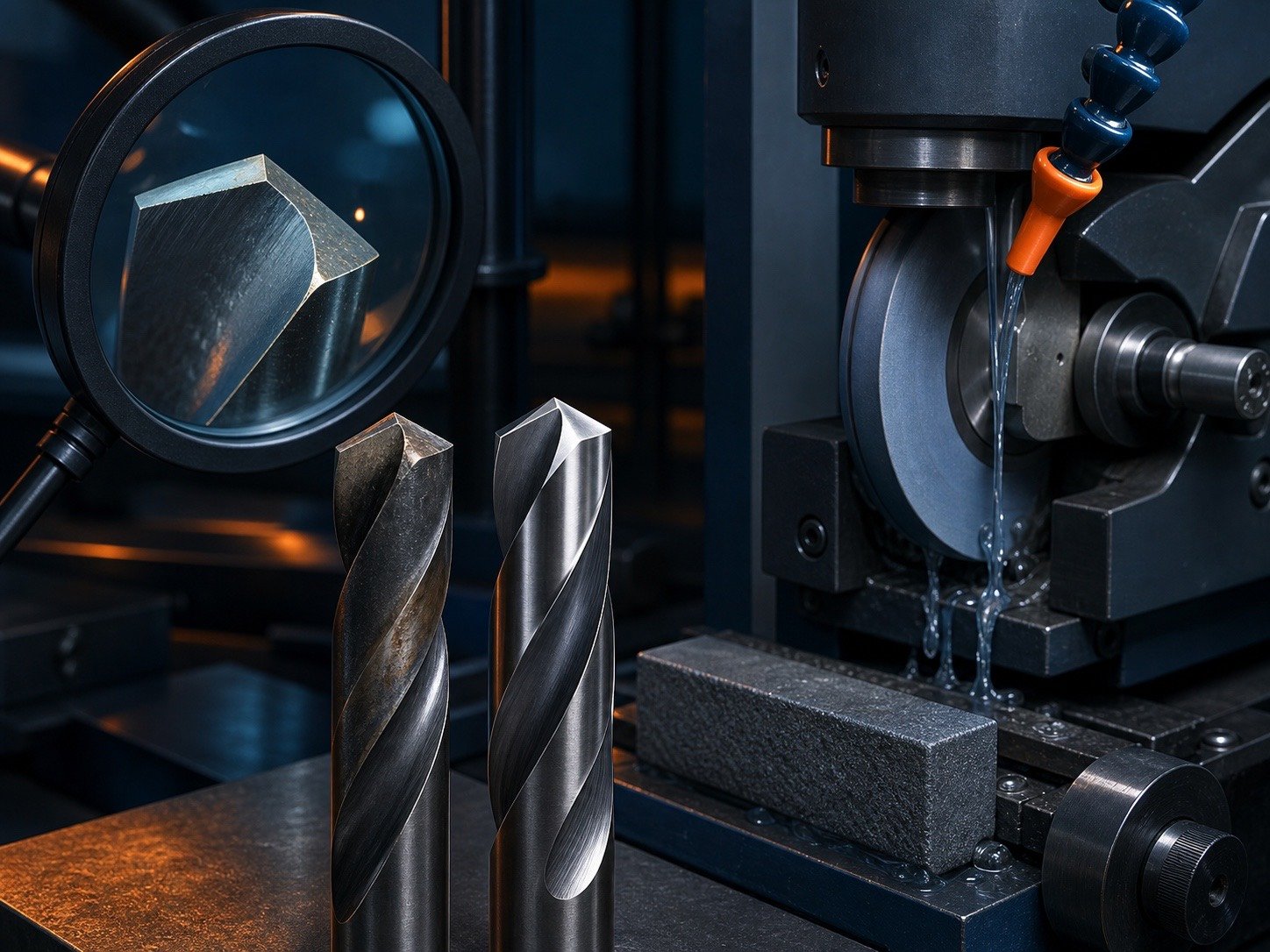 Worn and freshly sharpened twist drills beside a precision tool grinder and magnified cutting-edge inspection