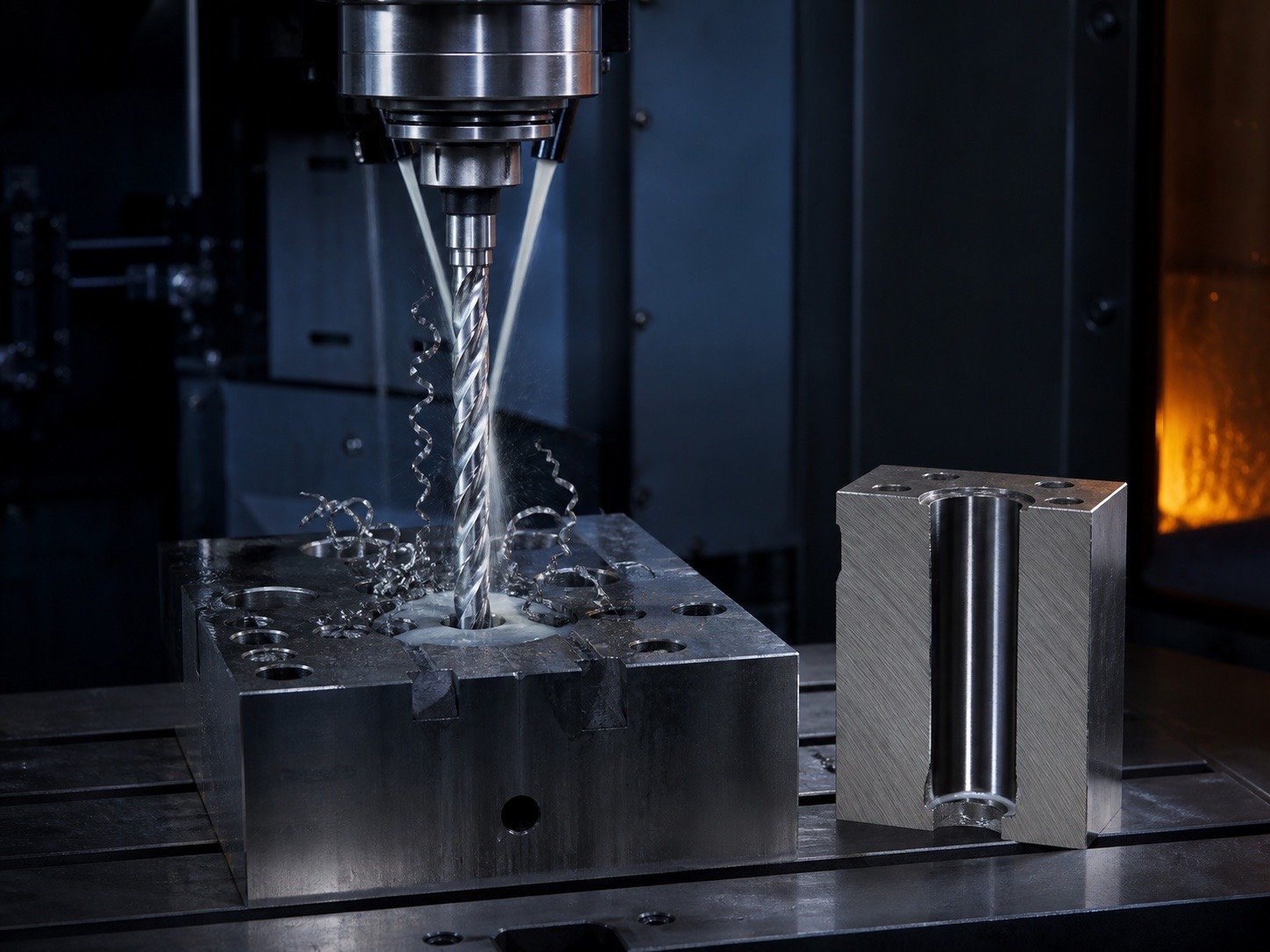 Long twist drill machining a deep steel hole with coolant jets and curled chips beside a cutaway bore sample