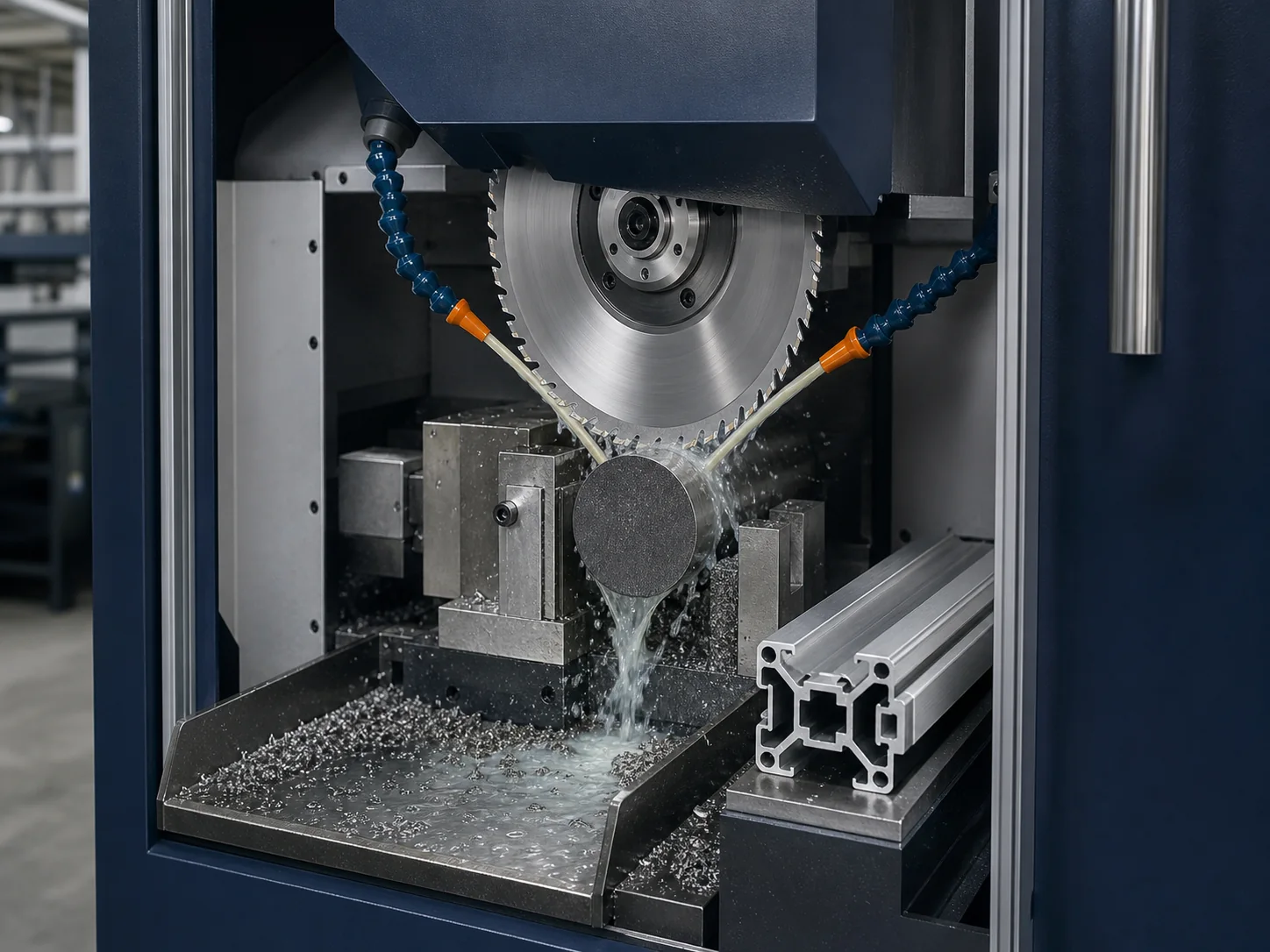 Circular saw blade coolant nozzles lubricating steel bar cutting with aluminum extrusion nearby