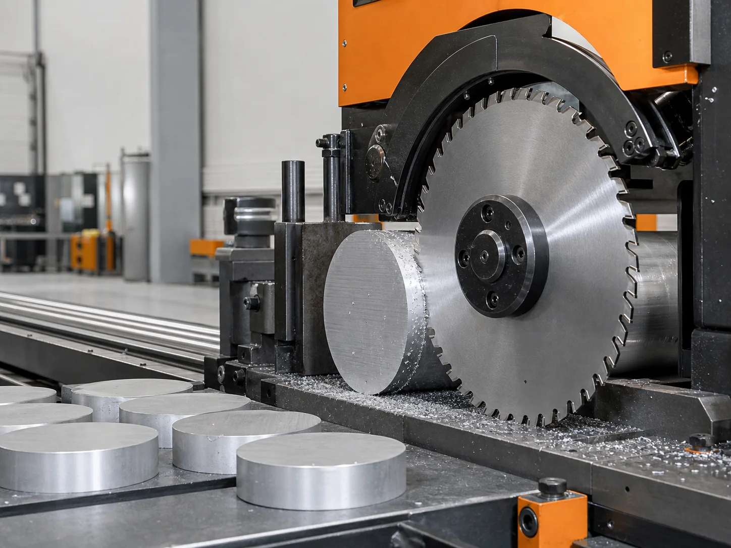 Large circular saw blade cutting aluminum bar to calculate kerf loss and cost per cut