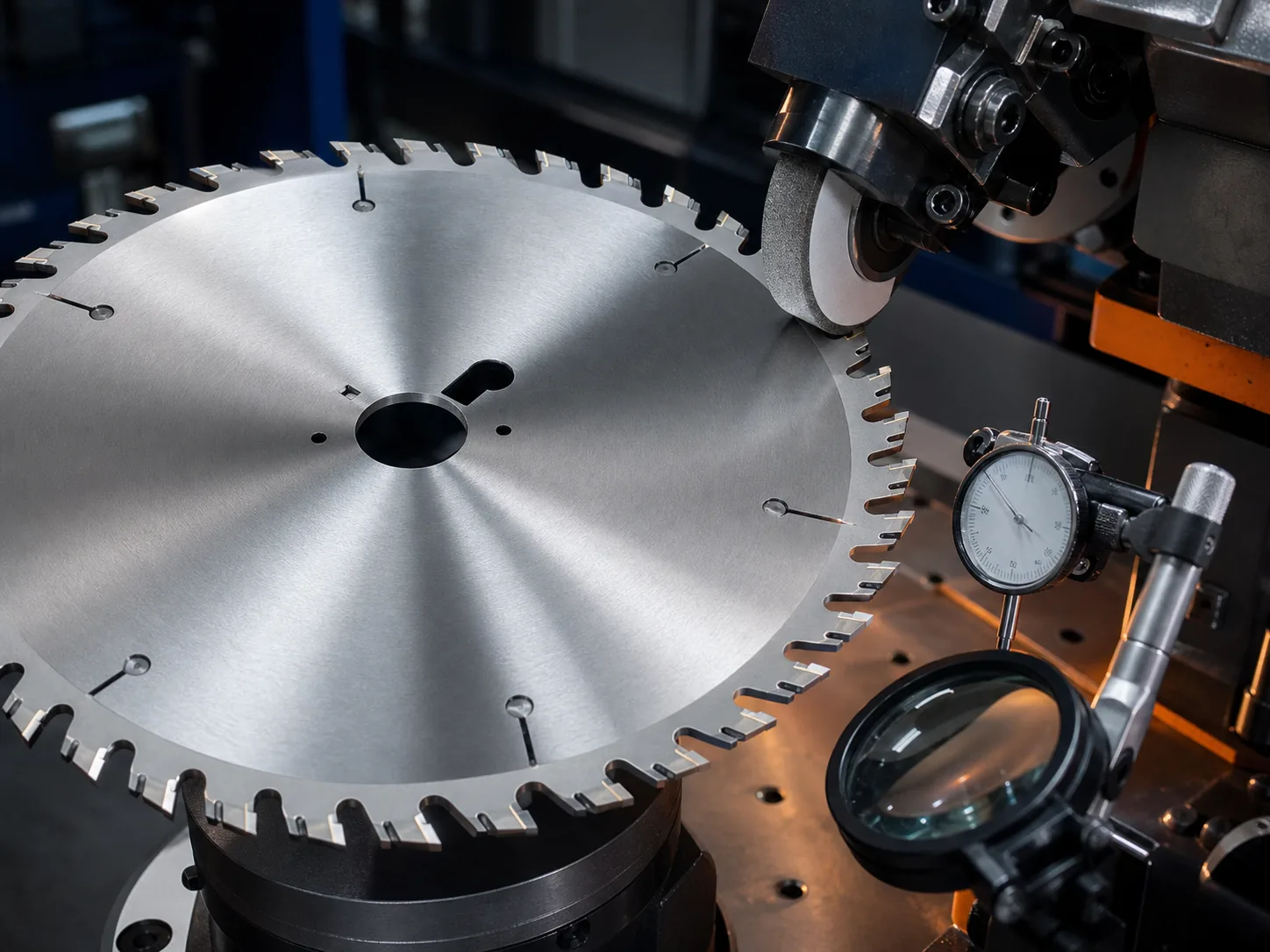 TCT circular saw blade resharpening with diamond grinding wheel and runout inspection