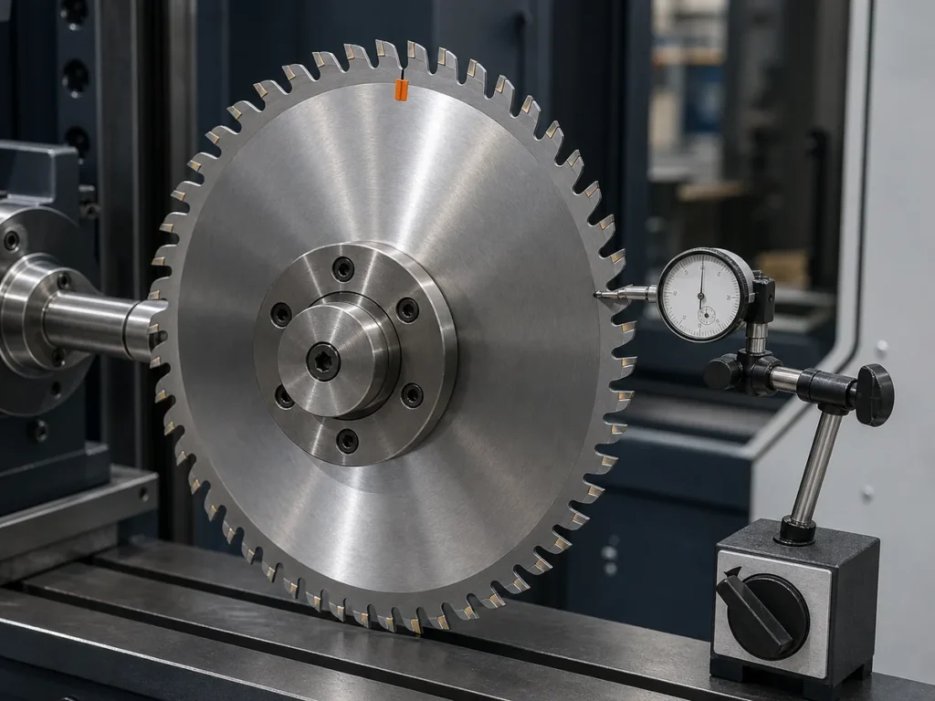 Dial indicator measuring circular saw blade axial runout on arbor and flange