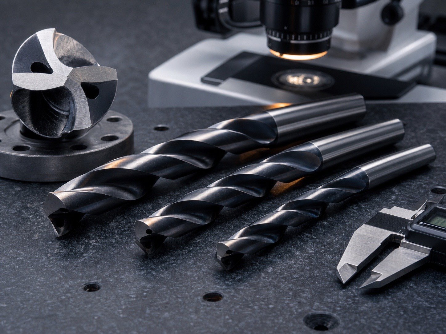 Precision twist drills and a drill cross section under a tool microscope for geometry inspection