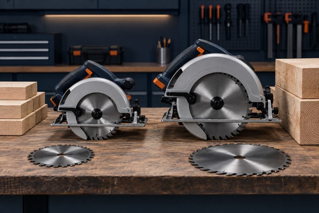Compact 7-1/4 inch and large 10-1/4 inch circular saws compared side by side