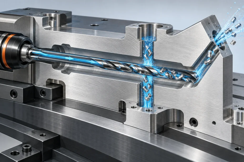 AI-generated cutaway of deep-hole drilling in an aluminum part with a cross-hole, angled exit, coolant and chips