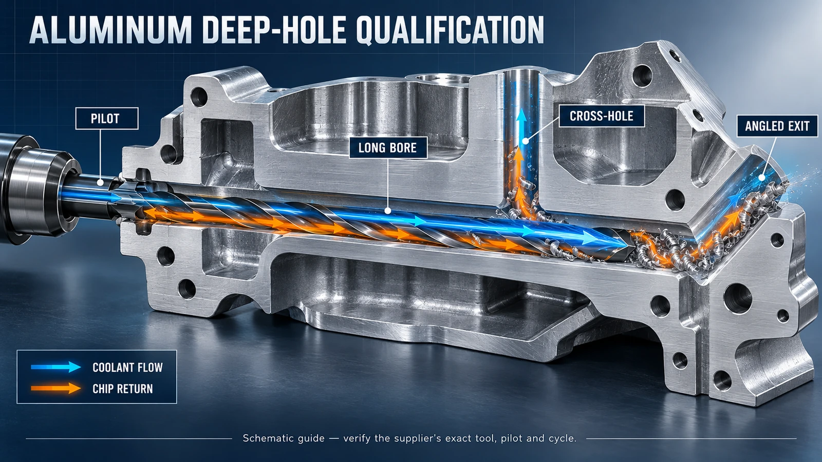 Technical schematic of a pilot, long bore, cross-hole, angled exit and coolant/chip path for qualification