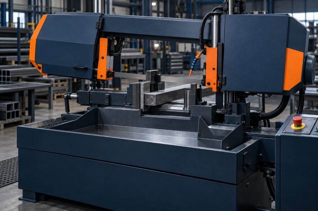 Industrial horizontal bandsaw with guarded blade and securely clamped steel stock