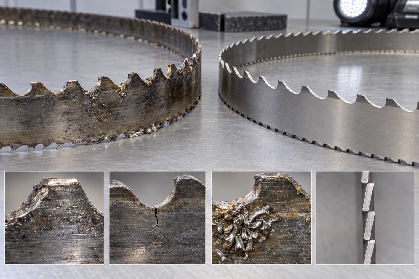 Bandsaw blade inspection showing tooth wear, chip loading and fatigue damage