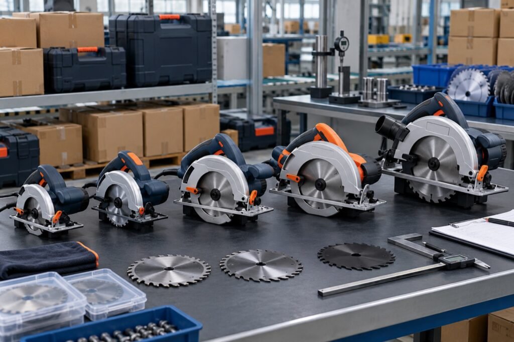 Unbranded handheld circular saw supplier samples on a factory quality-control table