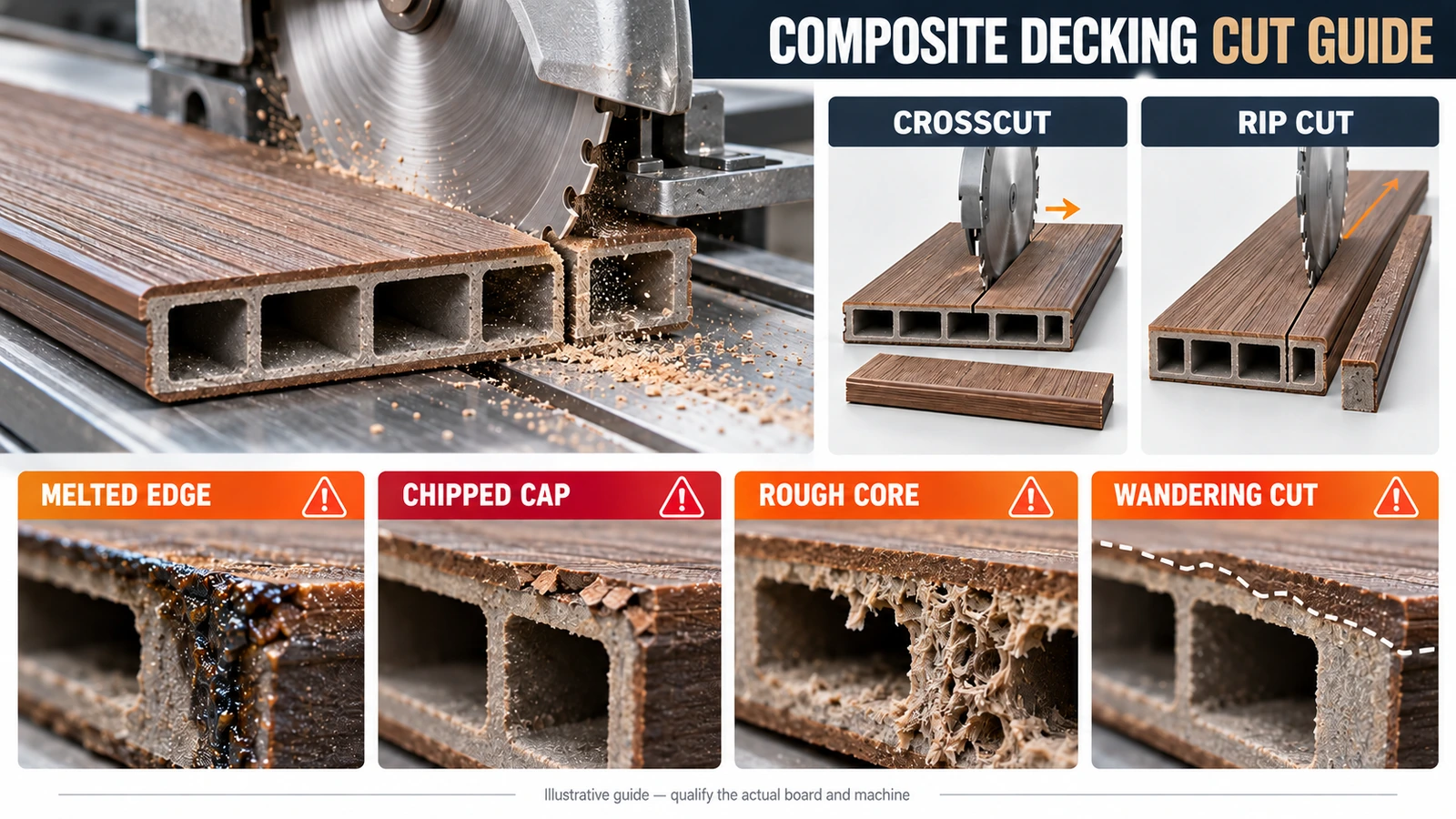 Technical schematic comparing crosscut, rip cut, melted edge, chipped cap, rough core and wandering cut