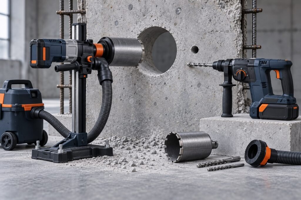 Cordless diamond core drill and rotary hammer with concrete hole samples