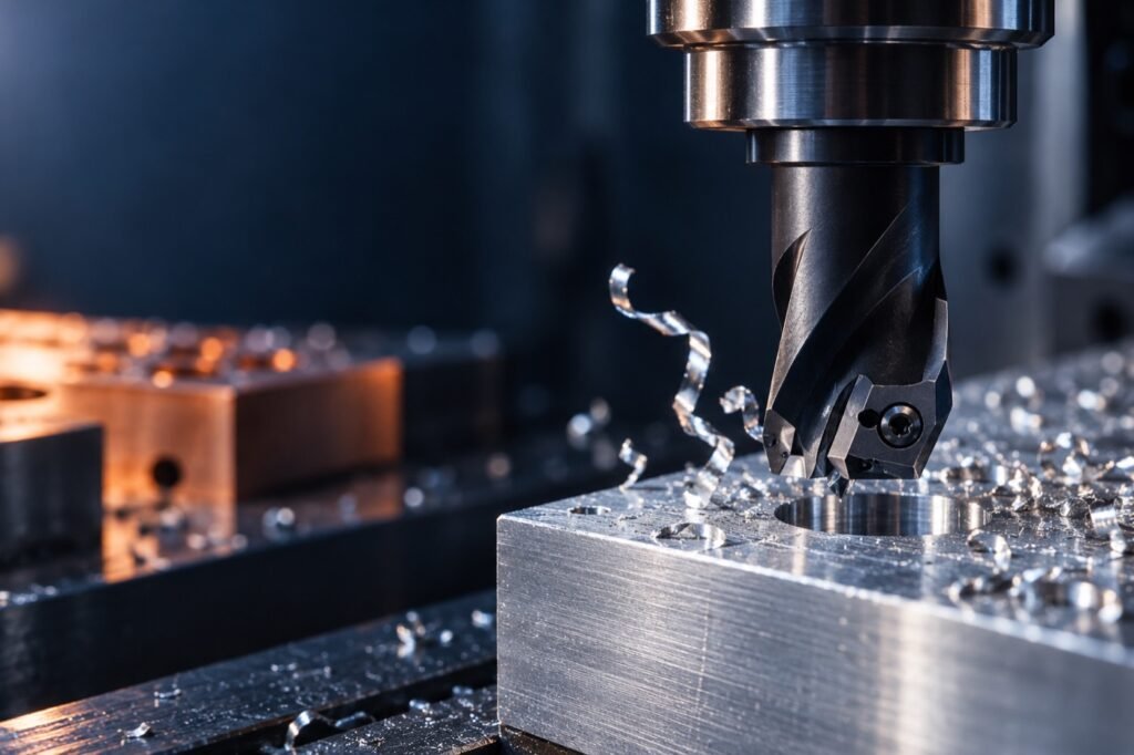 DLC-coated replaceable drill head machining an aluminum workpiece